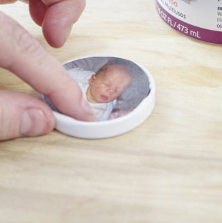 DIY Photo Magnets using resin in milk bottle lids - use ultra seal to glue in photo