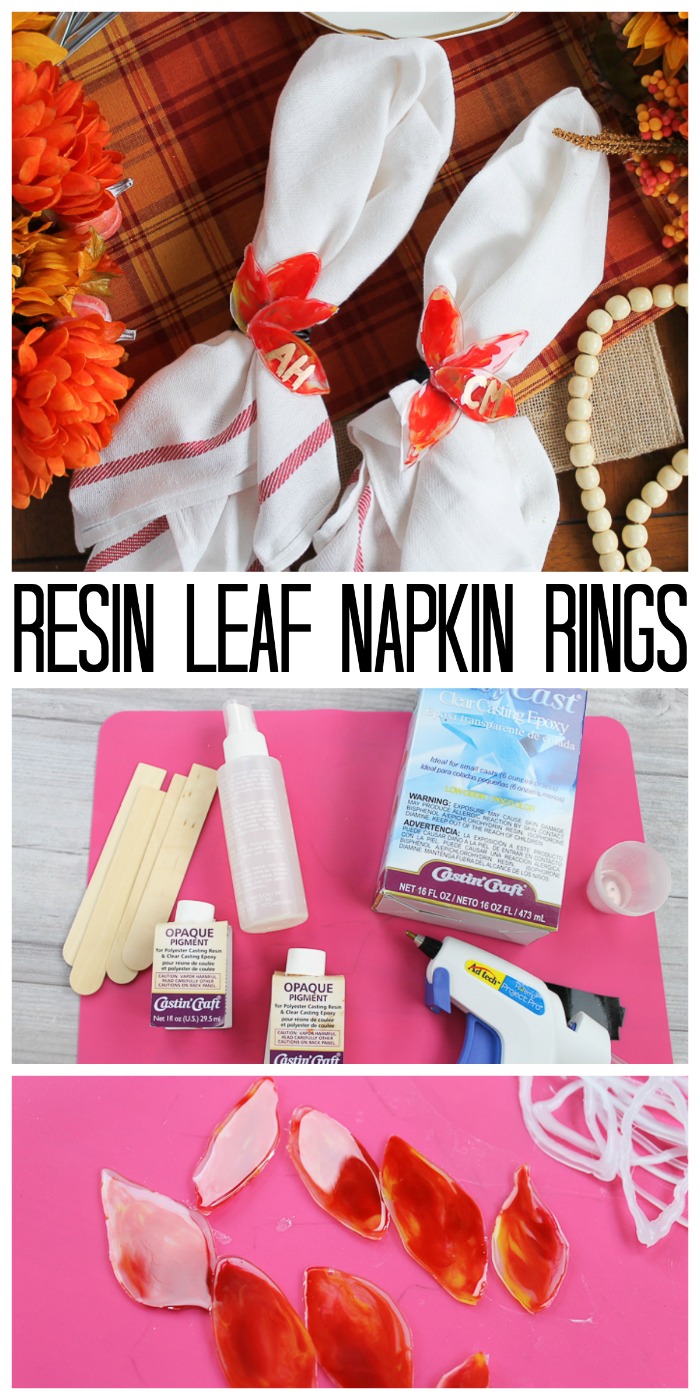 Make these resin leaf napkin rings and place cards are perfect for Thanksgiving! Add initials to these fall leaves to let everyone know where to sit!  #thanksgiving #napkinrings #fall #fallleaves  via @resincraftsblog