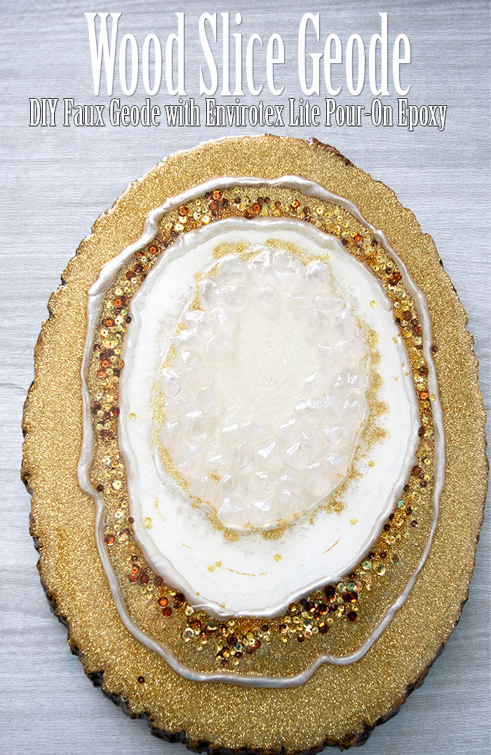 Make your own Faux Geode Slices using Envirotex Lite Pour-On Epoxy. Use any color & add your own glitter or bling to design a unique piece of art for your home. #geode #resincraftblog #resincrafts #art via @resincraftsblog