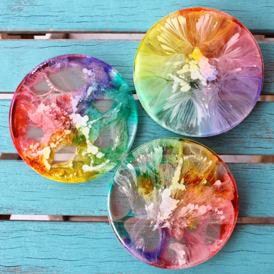 Petrified Rainbow Resin Coasters with Alcohol Ink DIY