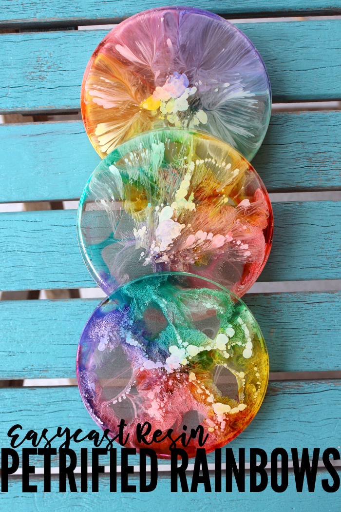 Make amazing petrified rainbow coasters using EasyCast resin and colored alcohol inks.  #resincraftsblog #resincrafts #resin #petrifiedrainbow via @resincraftsblog