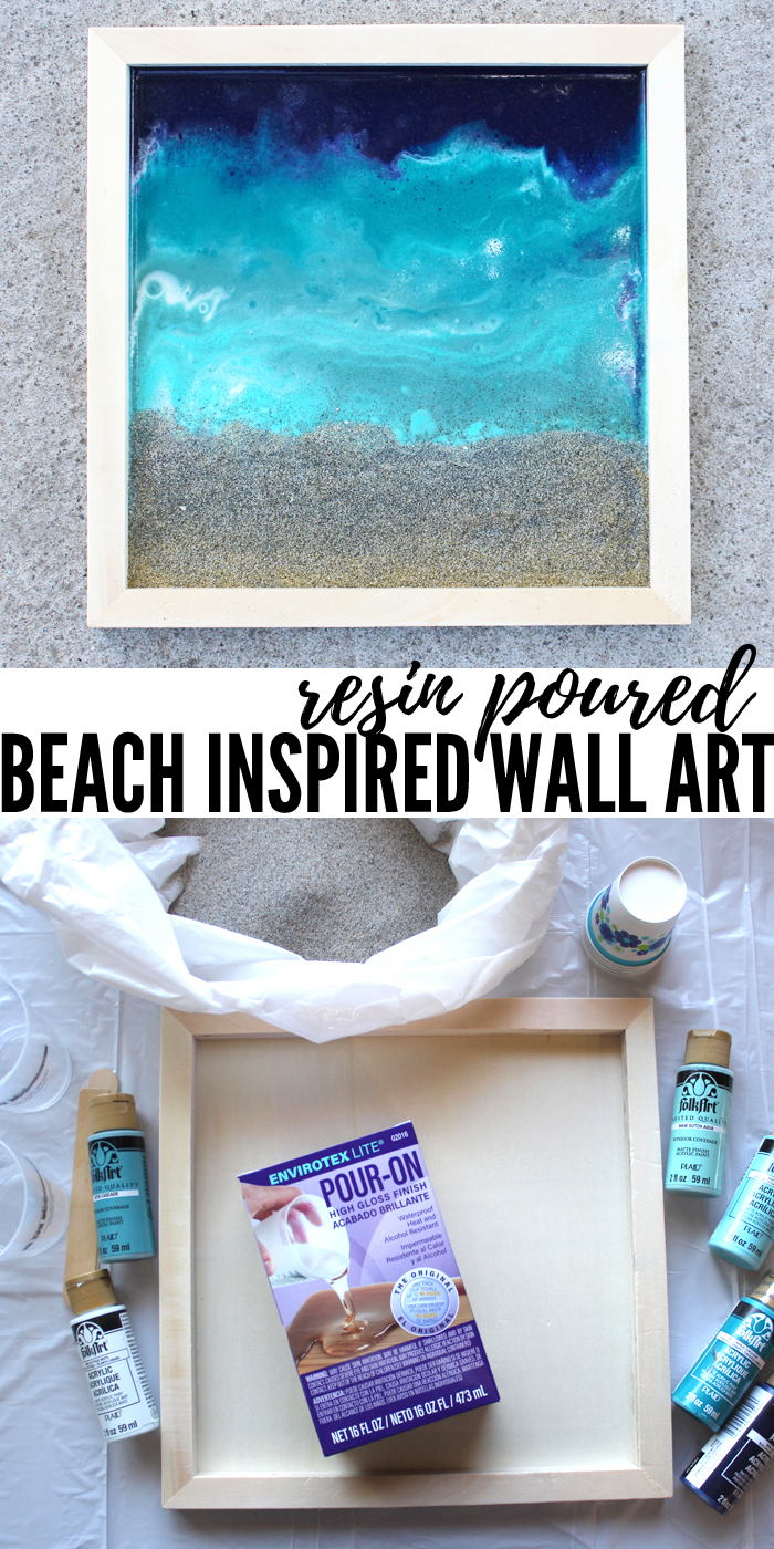 Make Beach Inspired wall art with resin pouring and beach sand!  Using Envirotex lite high gloss resin, acrylic paint and real beach sand! via @resincraftsblog