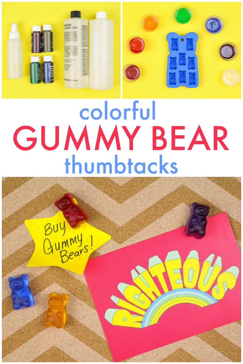 Whether you will be decorating your own dorm room, or you are sending your kids off to grade school, these resin gummy bear thumbtacks are sure to brighten your day. via @resincraftsblog