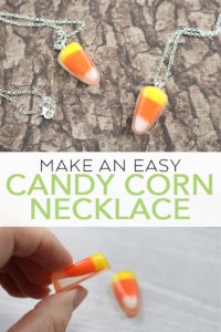 Make a DIY candy corn necklace with resin! A cute accessory to wear for fall and Halloween this year plus it is easy to make! #fall #candycorn #resin #jewelry