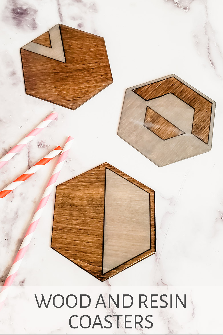 Custom wood coasters you can cut with a Cricut, stain in colors of your choice, and top with a coat of glossy resin. via @resincraftsblog