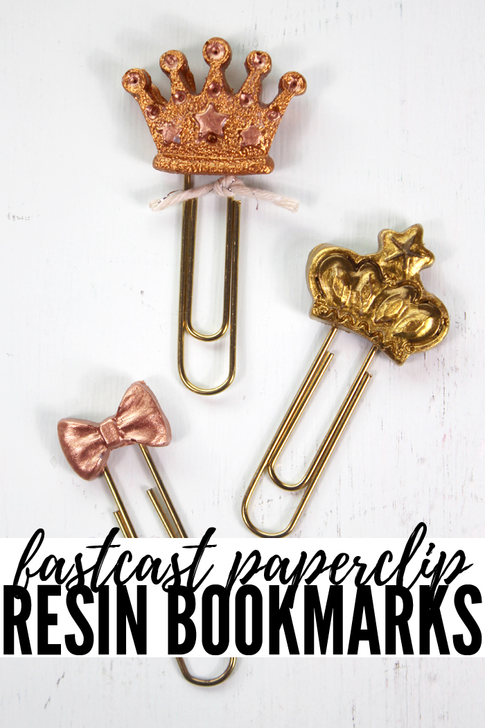 Create the perfect paperclip bookmark with FastCast resin, silicone mold of crowns and bows, and metallic paint and a little twine.  via @resincraftsblog