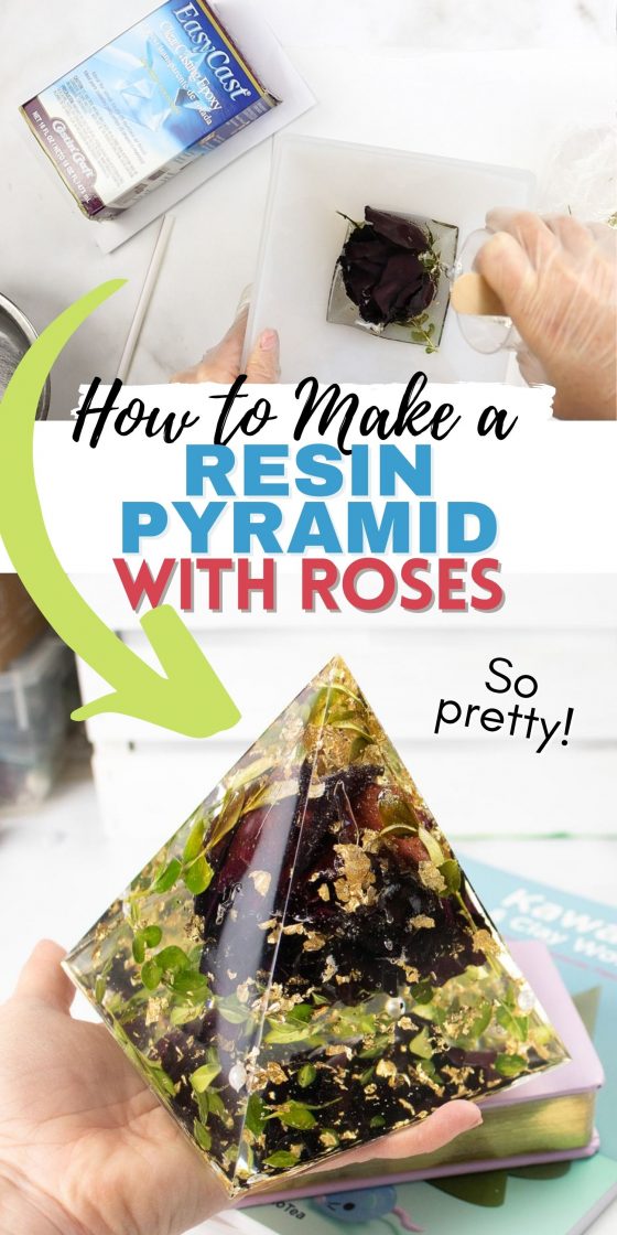 Collage of images including pouring of resin in a pyramid mold and the completed resin pyramid on a stack of books. The text overlay reads "How to make a resin pyramid with roses".