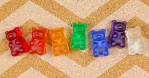 rainbow gummy bears on table