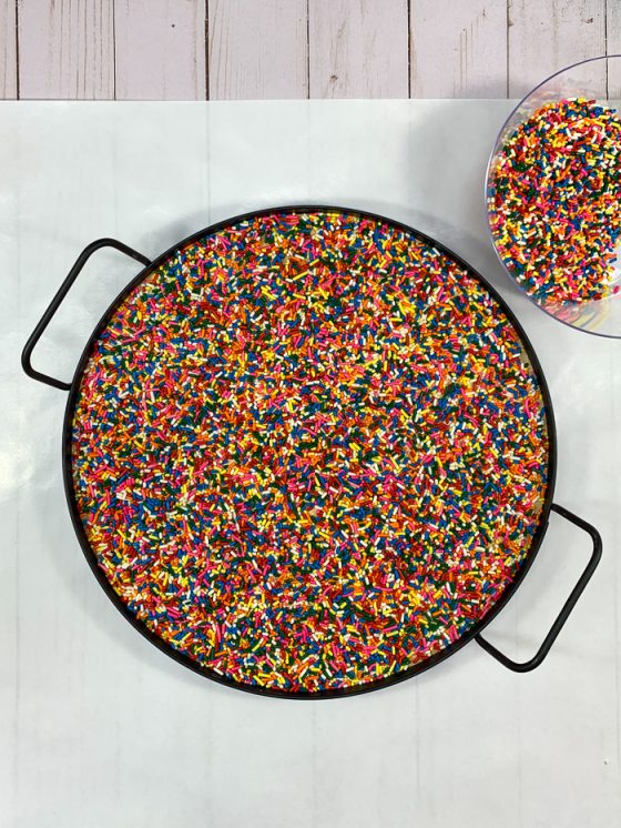 Learn how to make a DIY rainbow sprinkles resin tray with this fun tutorial! EnviroTex Lite pour over resin makes it easy to create a festive serving tray for birthday cakes or cupcakes. They sit atop a layer or rainbow sprinkles!