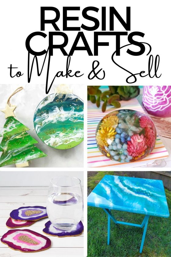 Collage of images as examples of resin crafts you can make and sell.
