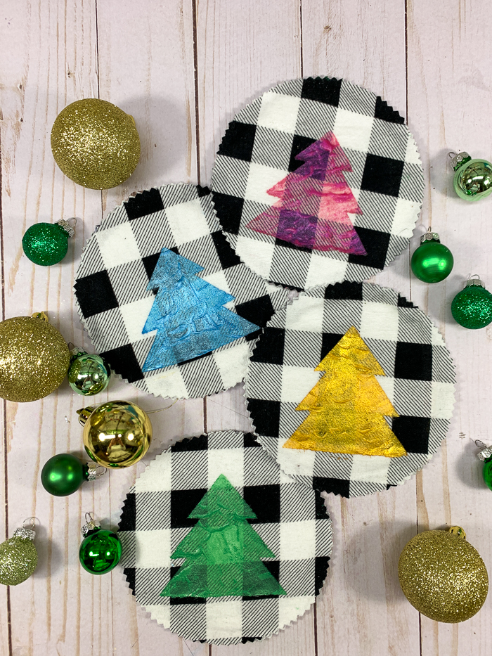 Make colorful and fun flannel coasters as awesome DIY gifts. These coasters have no-slip backings made with Fiber-Lok non-skid rug backing.