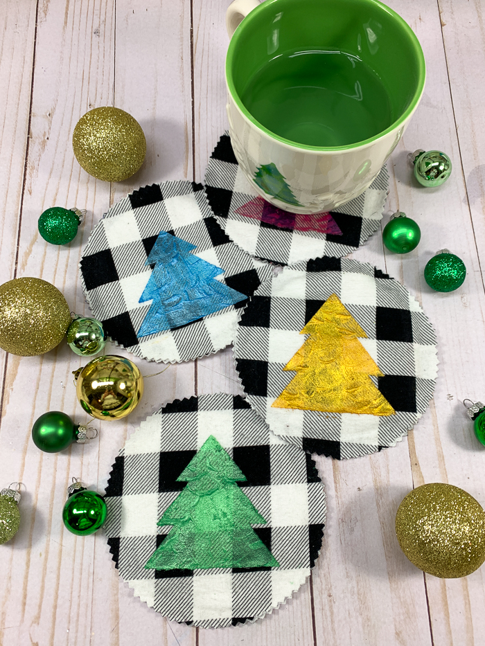 Make no-sew flannel coasters with colorful no-slip grip backings! Fiber-Lok non-skid rug backing makes these cute DIY coasters even more functional.