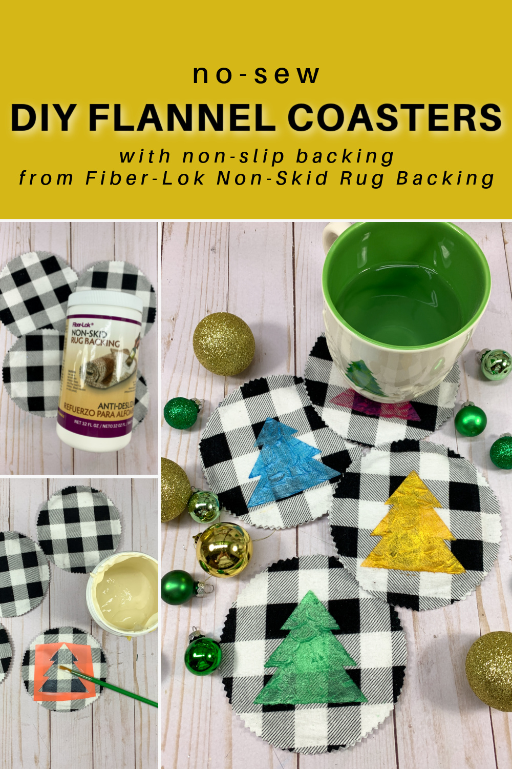 These no-sew flannel coasters are so easy and fun to make! Add a no-slip backing in fun shapes and colors, or totally clear, with Fiber-Lok Non-Skid Rug Backing. via @resincraftsblog