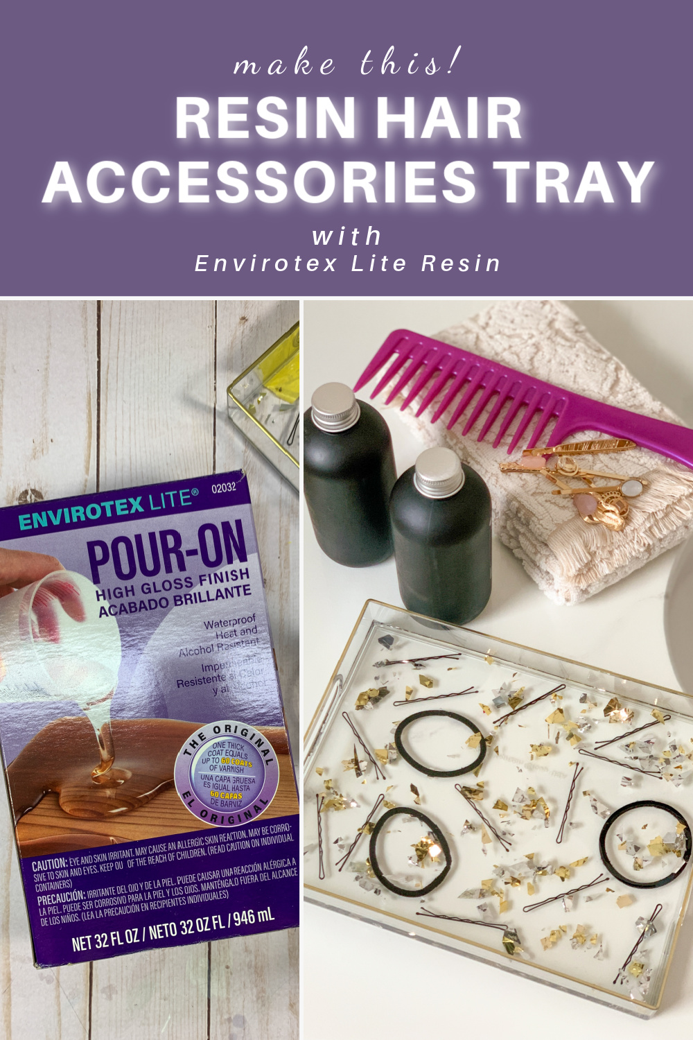 Embed hair accessories like bobby pins and ponytail holders in resin to create the cutest vanity tray around! Use this tray to organize your hair products and accessories in style. via @resincraftsblog