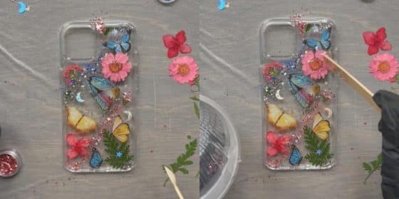 More glitter being layered on a resin phone case.