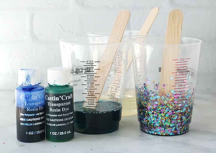 Resin in Mixing Cups with Castin' Craft Transparent Resin Dyes