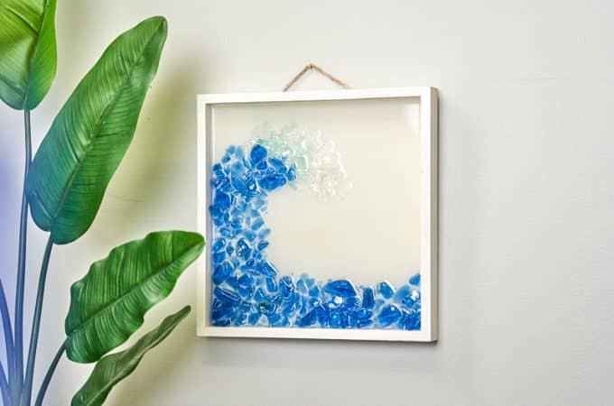 ocean wave resin art with seaglass