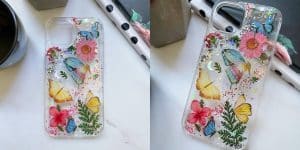 DIY resin phone case displayed.