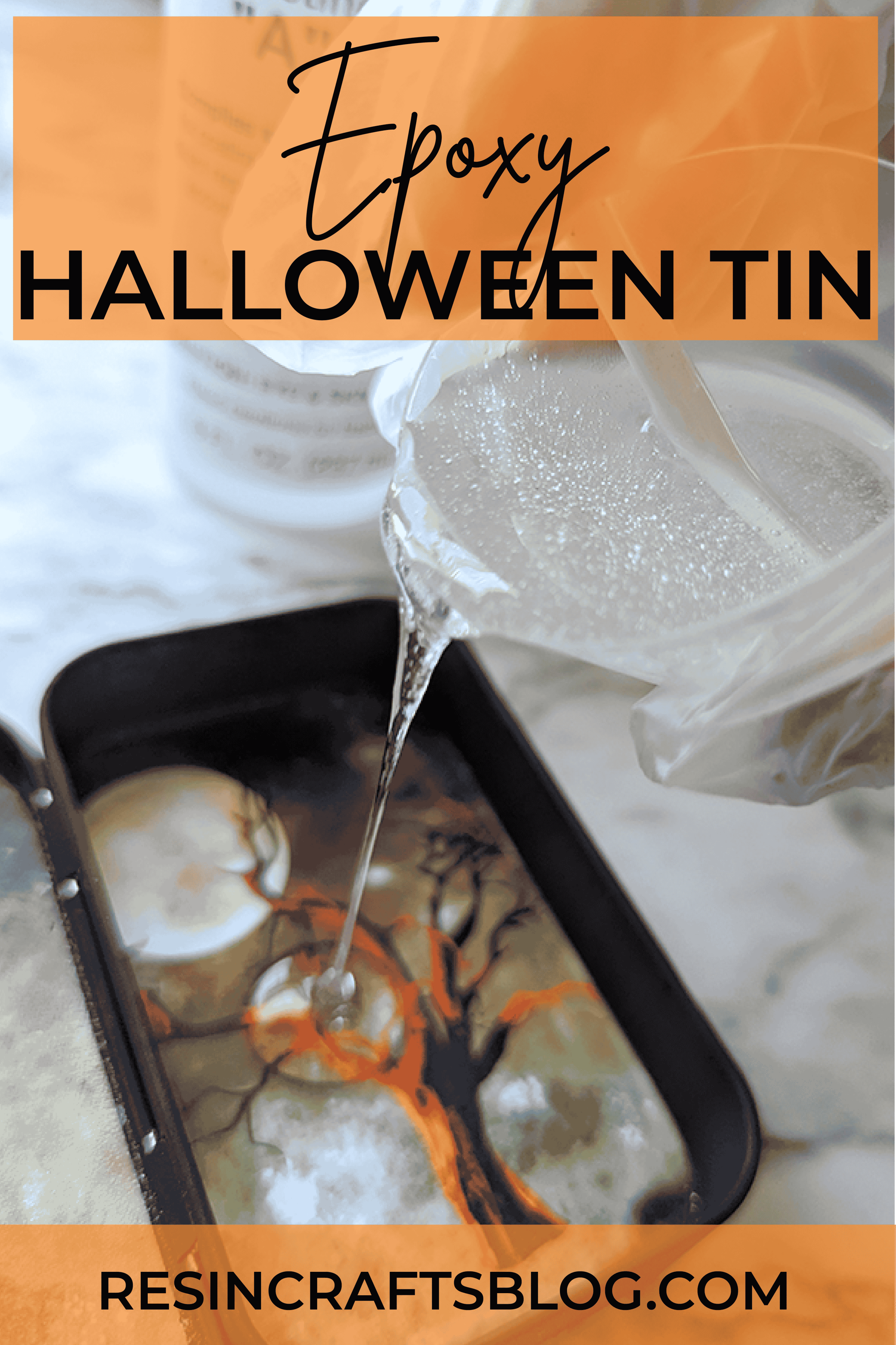 Layer epoxy resin and stickers or charms to make an epoxy Altoid Tin for Halloween - makes a cute decoration via @resincraftsblog