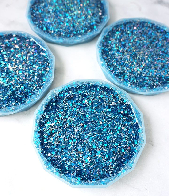 Blue Glitter Resin in Coaster Molds