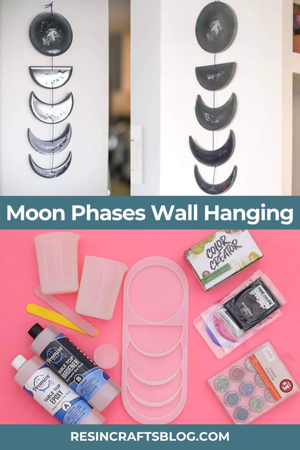 Create your very own resin moon phases wall hanging with Promise Exposy Table Top Epoxy and colorful Mica Powders from Color Creator! #resincrafts via @resincraftsblog