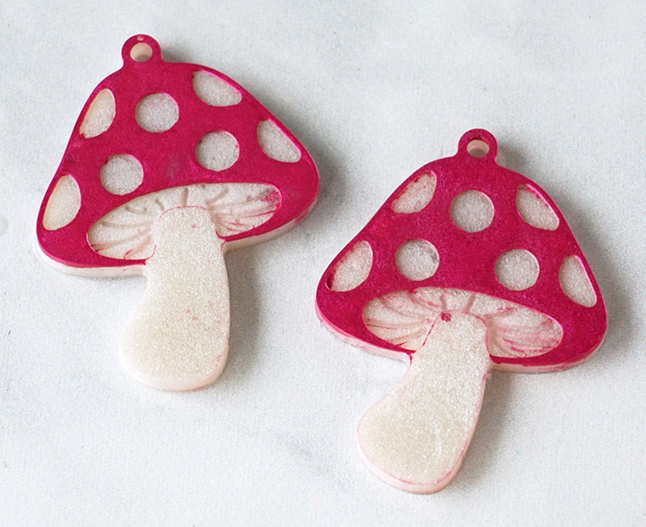 epoxy mushroom earrings with messy mica powder
