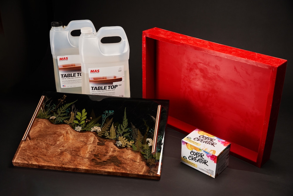 floral epoxy and wood tray supplies