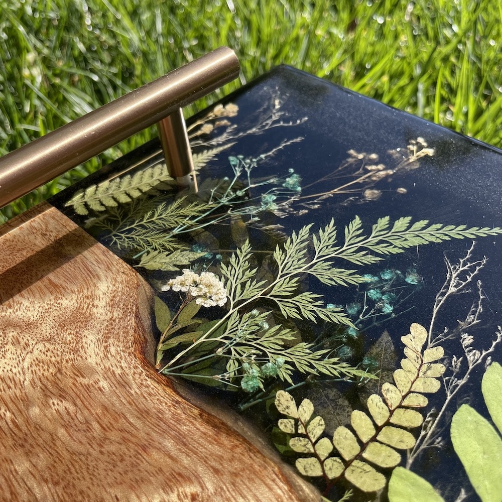 epoxy and wood serving tray with pressed flowers