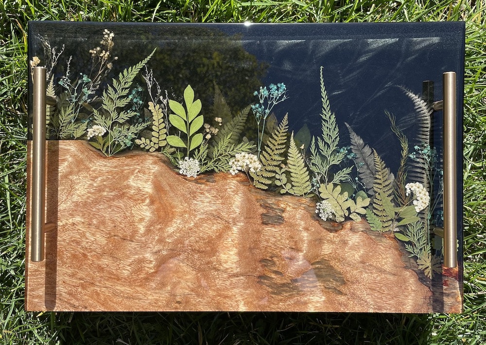 pressed flower wood and resin tray